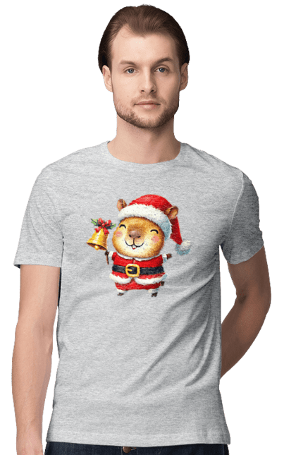 Men's t-shirt with prints Funny capybara with a bell. Animal, bell, capybara, christmas, christmas capybara, gift, holiday, new year, new year`s gift, santa. 2070702