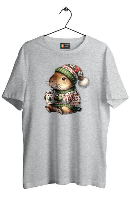 Men's t-shirt with prints Capybara with hot chocolate. Animal, capybara, christmas, christmas capybara, gift, holiday, hot chocolate, new year, santa. 2070702