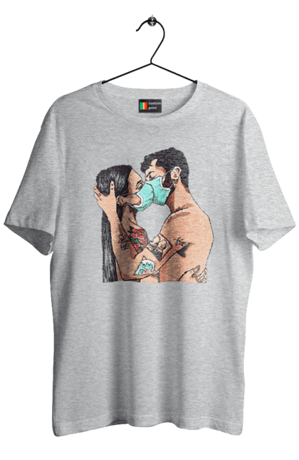 Men`s t-shirt with prints Coronavirus Love. Coronavirus, kiss, love, mask, quarantine. 2070702