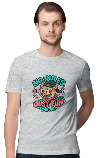 Футболка чоловіча з принтом "Лабубу". Norulesjustfun, y2k, бандана, вуличний стиль, грайливий, графіті, зухвалий, лабубу, ретромультяшка, яскраво. 2070702