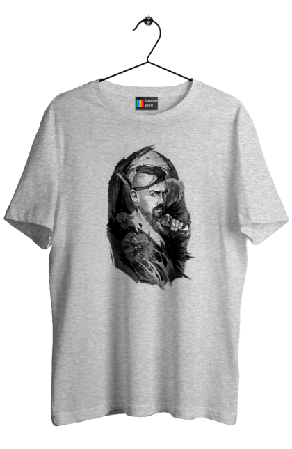 Футболка чоловіча з принтом "Козак". Вуса, квітки, козак, пістолет, справжній українець, чуб. 2070702