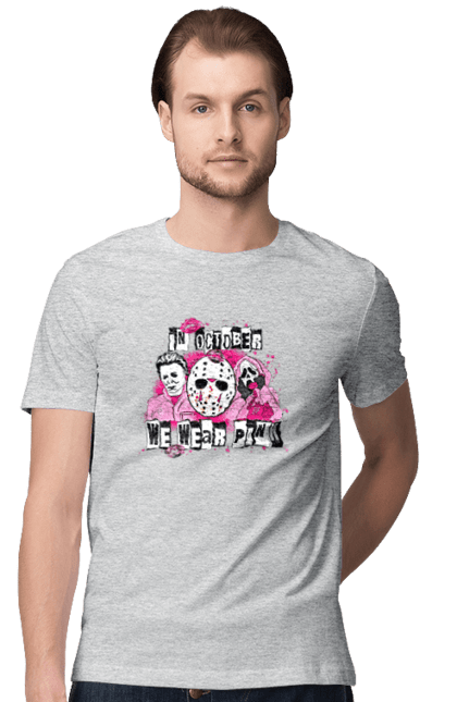 Men's t-shirt with prints In October we wear pink. Costume, halloween, holiday, horror, october, october 31, pink, villains. 2070702