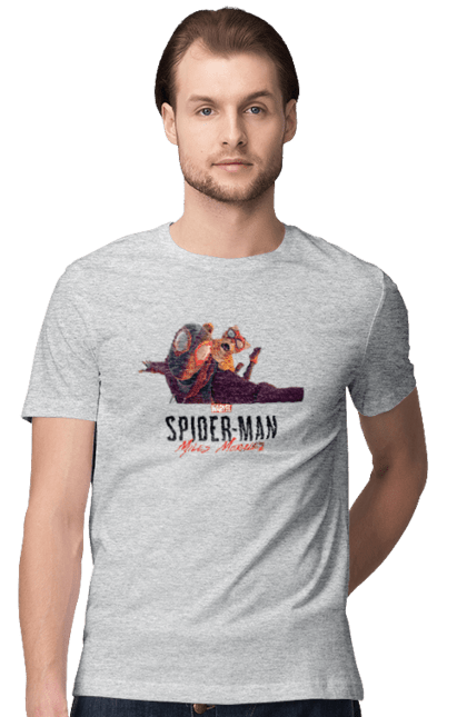 Футболка чоловіча з принтом "Людина Павук Майлз Моралес". Кіт людини павука, людина, людина павук, майлз моралес, павук. CustomPrint.market