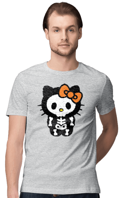 Футболка мужская с принтом Хелло Китти Хэллоуин. Halloween, hello kitty, zombie, бренд, зомби, котенок, персонаж, скелет, хелло китти, хэллоуин. 2070702