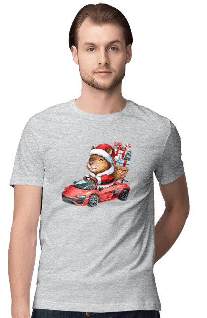 Men's t-shirt with prints Christmas Capybara with a Gift. Animal, capybara, car, christmas, christmas capybara, gift, holiday, new year, new year`s gift, santa. 2070702