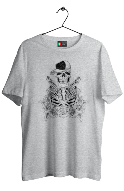 Men's t-shirt with prints Skeleton with pistols. Black and white, bones, cap, gun, roses, scull, skeleton, teeth. 2070702