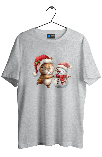 Men's t-shirt with prints Capybara and Snowman. Animal, capybara, christmas, christmas capybara, gift, holiday, new year, new year`s gift, santa, snowman. 2070702