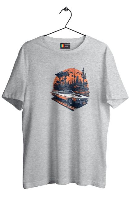 Men`s t-shirt with prints Beautiful car at sunset. Auto, sun, sunset. 2070702
