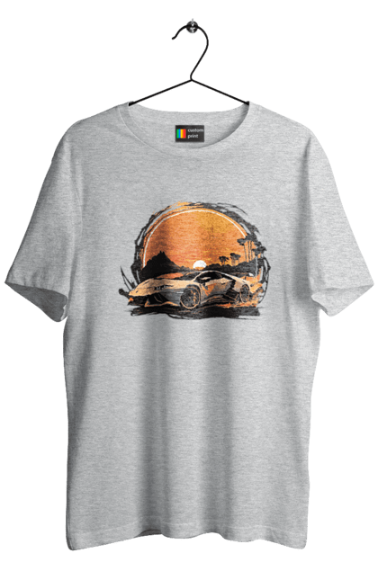 Футболка чоловіча з принтом "Ламборджині на заході сонця". Авто, автомобіль, ламборджині, машина, машини. 2070702