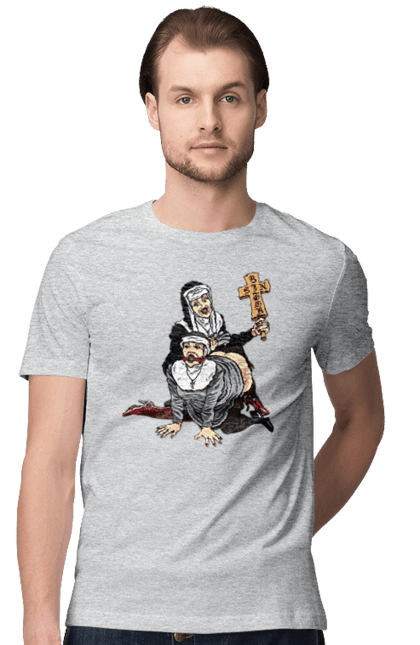 Футболка чоловіча з принтом "Монашки БДСМ". Бдсм, крута, модна, молодіжна, плескає по дупі, рок, рольові ігри, черниці бдсм, черницю, черниця. 2070702