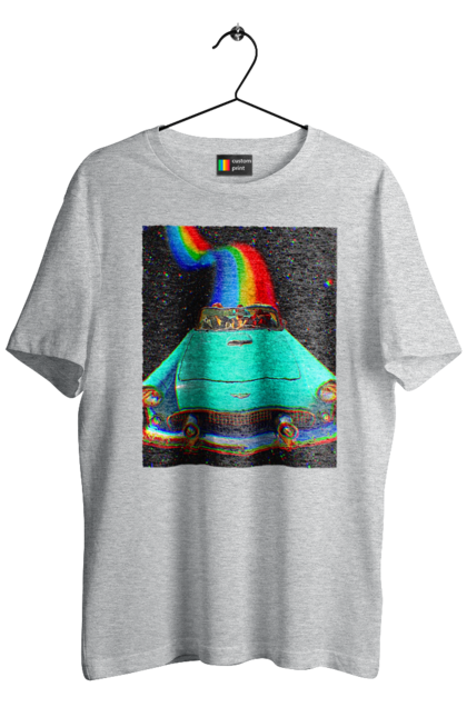 Футболка чоловіча з принтом "Картина, машина у космосі". Веселка, картина, космос, машина, подорожі, поїздка, прикол, ретро. 2070702