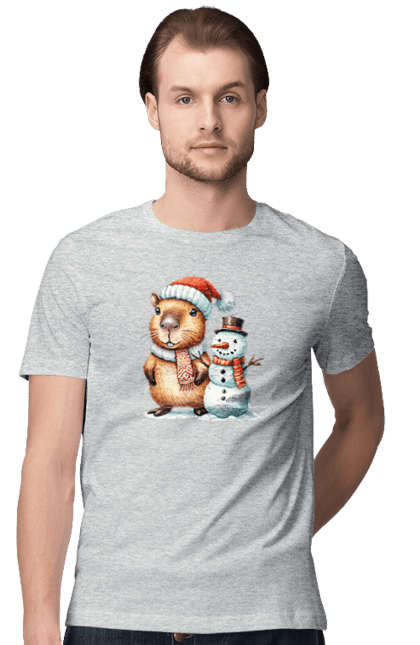 Men's t-shirt with prints Capybara and Snowman. Animal, capybara, christmas, christmas capybara, gift, holiday, new year, new year`s gift, santa, snowman. 2070702