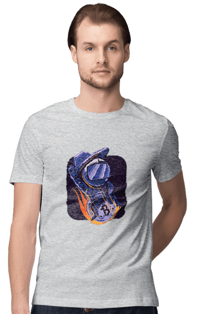 Футболка чоловіча з принтом "Космо біткоїн". Биткоин, бінарний, біткоїн, біткойн, валюта, гроші, крипто, програміст, хакер. 2070702