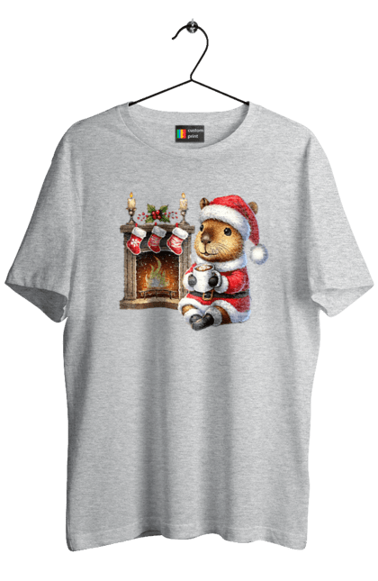 Men's t-shirt with prints Capybara by the fireplace with hot chocolate. Animal, capybara, christmas, christmas capybara, fireplace, gift, holiday, hot chocolate, new year, santa. 2070702