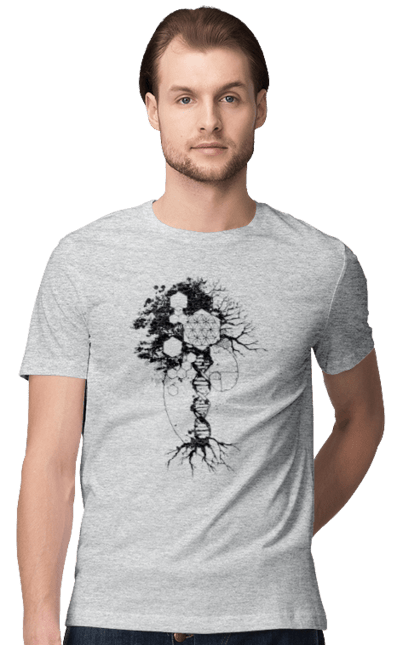 Футболка чоловіча з принтом "Древо життя". Геном людини, дерево життя, золотий перетин, квітка життя, сакральна геометрія, таємниця світобудови, таємниця числа фібоначчі, число бога, число фібоначчі. 2070702