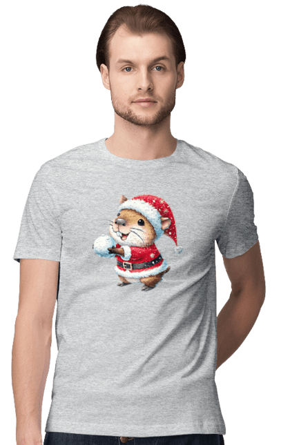 Men's t-shirt with prints Capybara playing snowballs. Animal, capybara, christmas, christmas capybara, game, gift, holiday, new year, santa, snowballs. 2070702