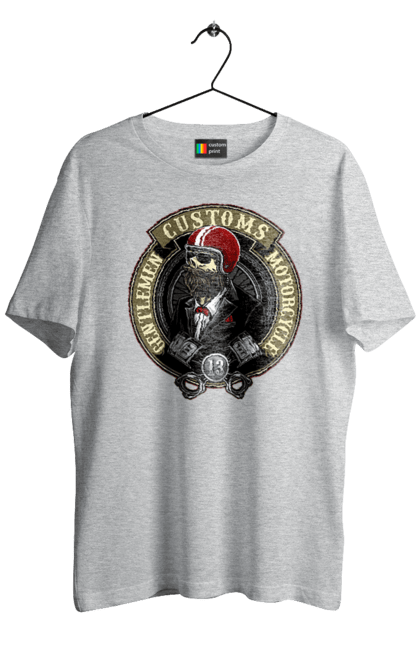 Футболка мужская с принтом Джентльменский мотоцикл. Джентльмен, мотоцикл, череп, шлем. 2070702