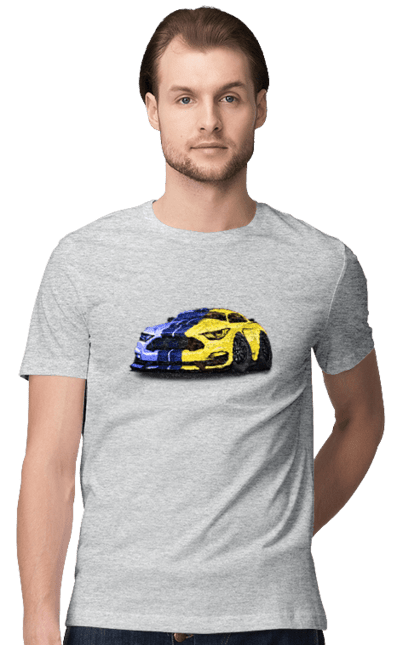 Футболка чоловіча з принтом "Український мустанг". Жовто блакитне авто, кольори україни, машина, мустанг, суперкар, форд мустанг, шелбі. 2070702