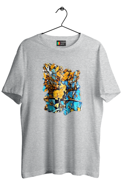 Men`s t-shirt with prints Yellow flowers on a blue background. Art, blue and yellow, blue yellow, drawing, flowers, nature, yellow and blue, yellow blue, yellow flowers. 2070702