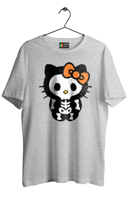 Футболка мужская с принтом Хелло Китти Хэллоуин. Halloween, hello kitty, zombie, бренд, зомби, котенок, персонаж, скелет, хелло китти, хэллоуин. 2070702