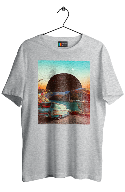 Футболка чоловіча з принтом "Картина, машина біля річки". Картина, машина, планета, прикол, ретро, річка. 2070702