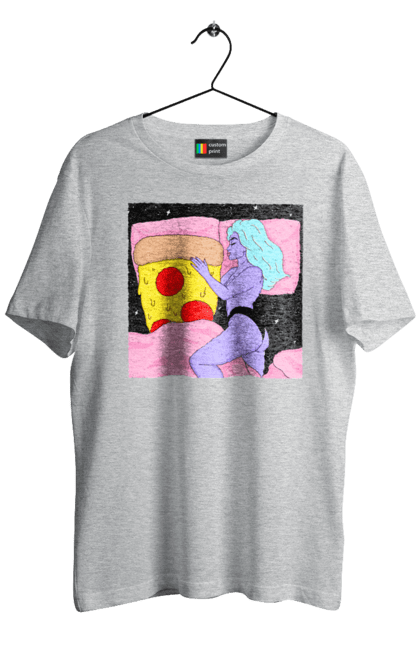 Футболка чоловіча з принтом "Фіолетова Дівчина І Піца". Дівчина, ліжко, піца. 2070702