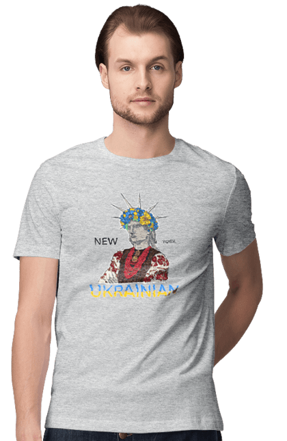 Футболка чоловіча з принтом "UA & NY". Вишиванка, вінок, нью йорк, статуя свободи, україна. 2070702