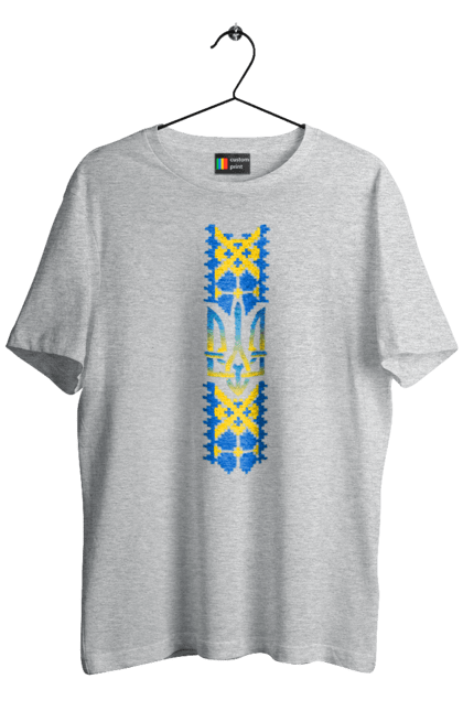 Men's t-shirt with prints Coat of arms of Ukraine embroidery ornament. Emblem, emblem of ukraine, embroidered shirt, ornament, trident. CustomPrint.market