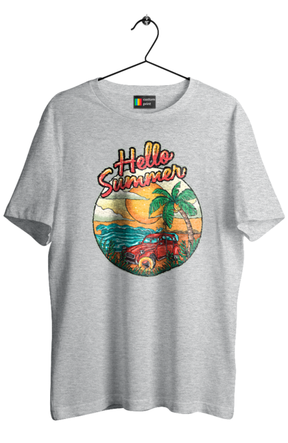 Men`s t-shirt with prints Hello Summer, Car By The Sea. Beach, island, palm, summer. 2070702