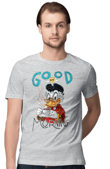 Футболка мужская с принтом Скрудж Макдак. Scrooge mcduck, uncle scrooge, дисней, дядя скрудж, кофе, макдак, скрудж, скрудж макдак, чашка. 2070702