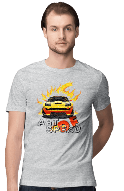 Футболка чоловіча з принтом "Машина у вогні". Автомобіль, вогонь, спортивна машина, спортивний автомобіль, швидкість. 2070702