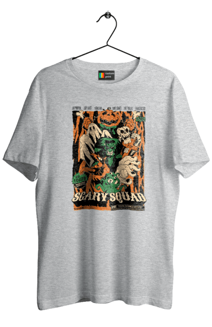 Men's t-shirt with prints Halloween Scary Squad. Costume, ghost, halloween, holiday, october, october 31, pumpkin, skeleton, sweets, trick or treat. 2070702