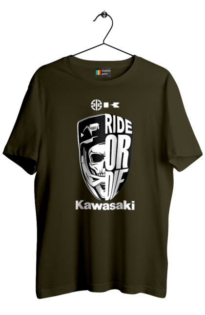 Футболка мужская с принтом Kawasaki. Kawasaki, ride or die, бренд, мотоцикл, спорт, череп. 2070702