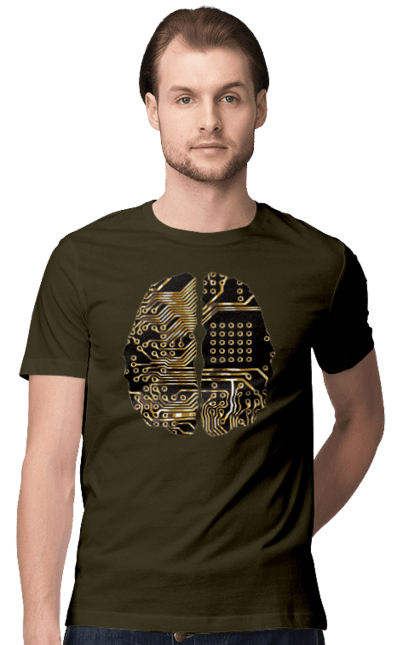 Футболка чоловіча з принтом "Мозок Айті". Айті, айтішник, гик, знання, золотий, золото, інженер, кібер, кібернетика, кіборг, код, комп, кристал, мікросхема, мозок, програміст, професіонал, професія, розробник, розум, чіп. 2070702