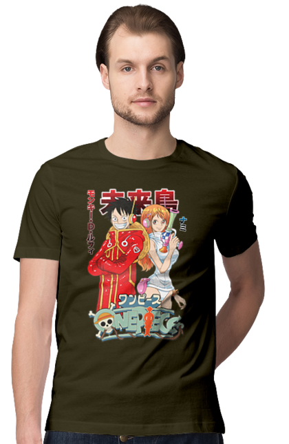 Men's t-shirt with prints One Piece Nami and Luffy. Anime, cat burglar, manga, nami, one piece, straw hat pirates. 2070702