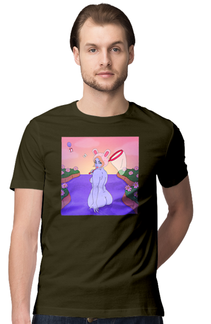Футболка чоловіча з принтом "Фіолетова Дівчина На Полюванні". Гола, дівчина, сачок. 2070702