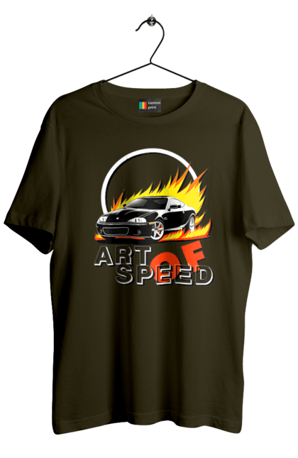 Men`s t-shirt with prints Car on fire. Auto, car on fire, drift, race, speed, sport, sports car. 2070702