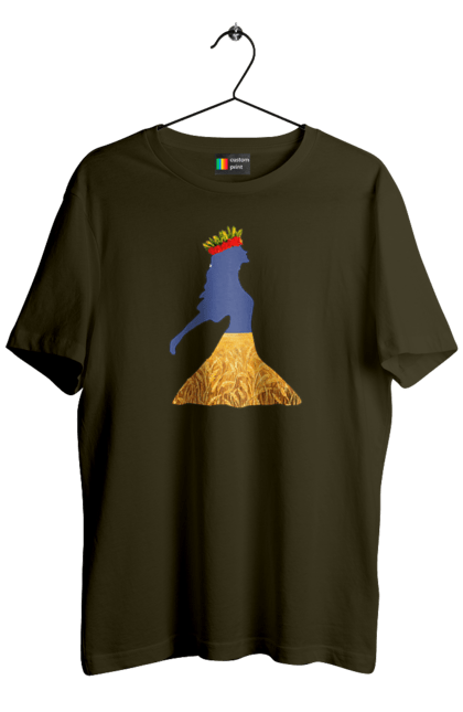 Men`s t-shirt with prints Ukraine. Girl, national colors, poppies, sky, wheat field, wreath, yellow blue. 2070702