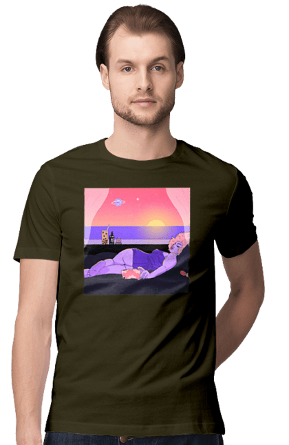 Футболка чоловіча з принтом "Фіолетова Дівчина На Відпочинку". Дівчина, захід, телефон. 2070702