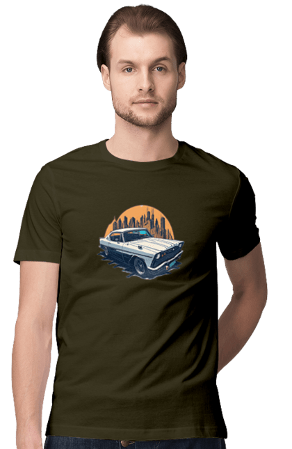 Men`s t-shirt with prints Vintage car image. Car, city, vintage image. 2070702