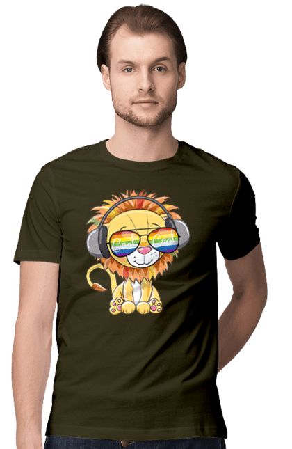 Men`s t-shirt with prints Lion In Glasses And Headphones. Glasses, headphones, lion cub. 2070702