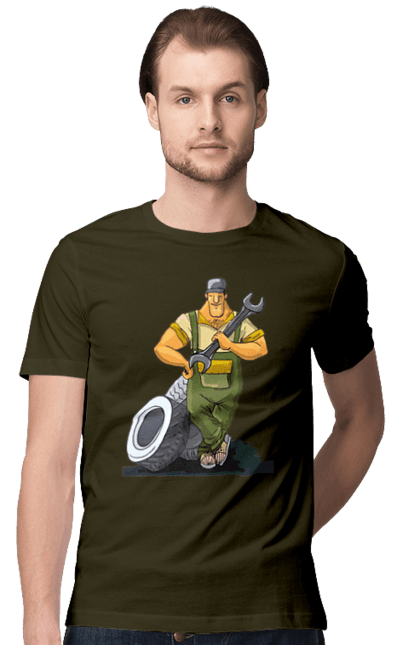 Men`s t-shirt with prints Car Mechanic. Profession, wheels, wrench. 2070702