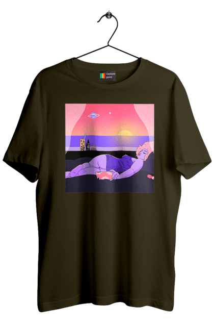 Футболка чоловіча з принтом "Фіолетова Дівчина На Відпочинку". Дівчина, захід, телефон. 2070702