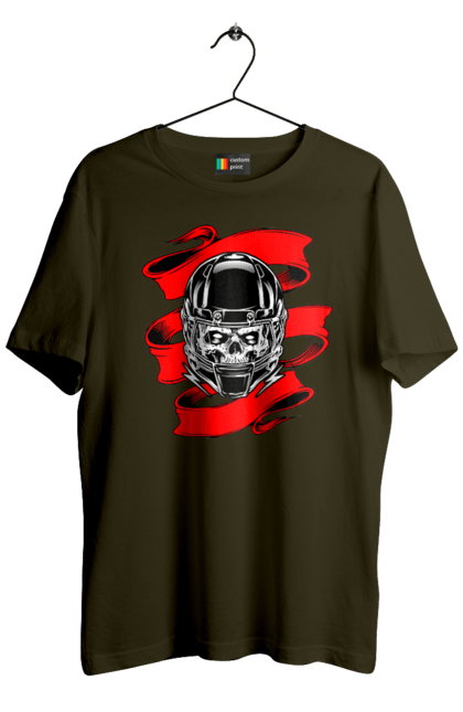 Men`s t-shirt with prints Skull in a motorcycle helmet. Helmet, moto, skull, tape. 2070702