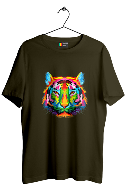 Футболка чоловіча з принтом "Барвистий тигр". Барвистий, барвистий тигр, жовтий, зелений, кольоровий, кольоровий принт, купити футболку, синій, тигр, червоний. CustomPrint.market