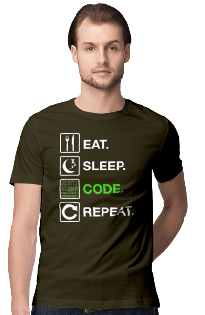 Футболка чоловіча з принтом "Їж Cпи Кодуй Повторюй". Айті, айтішник, для айтішника, для програміста, їж спи, кодуй повторюй, подарунок айтішнику, подарунок програмісту, програміст, розробник. 2070702