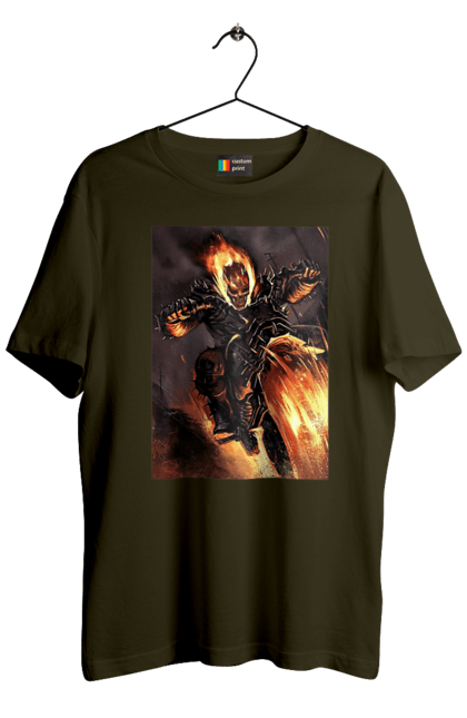 Футболка мужская с принтом Адский Гонщик. Адский гонщик, мотоцикл, огонь, скелет, чоппер. 2070702