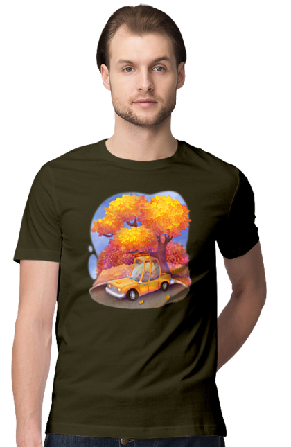 Men`s t-shirt with prints Autumn Car Tree. Autumn, machine, orange, tree, yellow cute illustration. 2070702