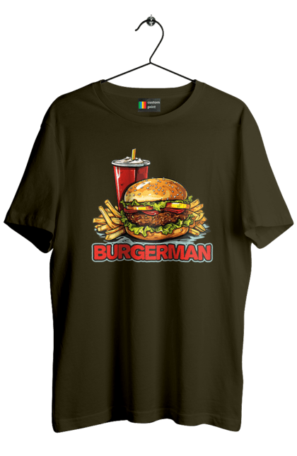 Футболка чоловіча з принтом "Burgerman". Бургер, для чоловіків, їжа, літні, макдональдс, прикольні, трендові, фаст фуд, чоловічі. 2070702