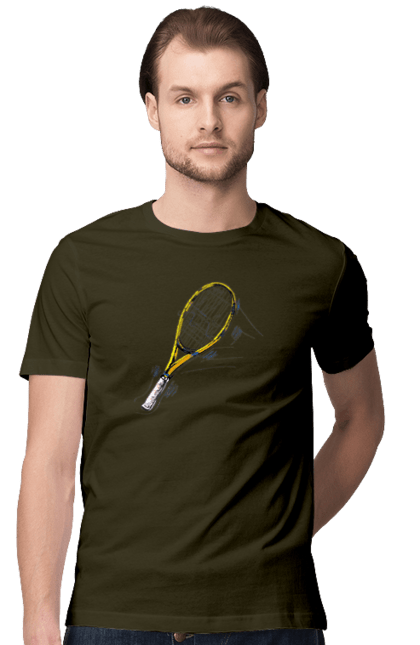 Футболка чоловіча з принтом "Ракетка Великий теніс". Великий теніс, гравці, грунт, м`яч, призовий фонд, ракетка, спонсор, турнір на ґрунті, турнірна сітка. 2070702